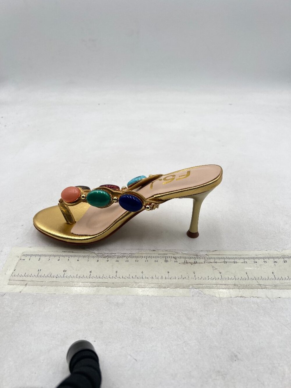 FSJ Gold Jewelled Open Toe Flip Flop Thin High Heel Slip on Thong Sandals